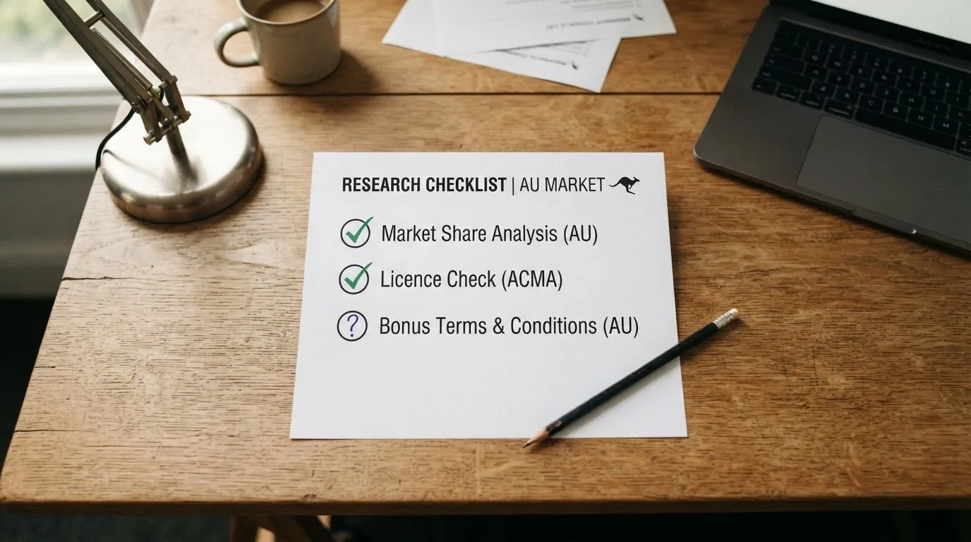A desk-level view of a checklist or research document showing the operator evaluation dimensions — market share, licence check, bonus terms verification — with ticks and question marks
