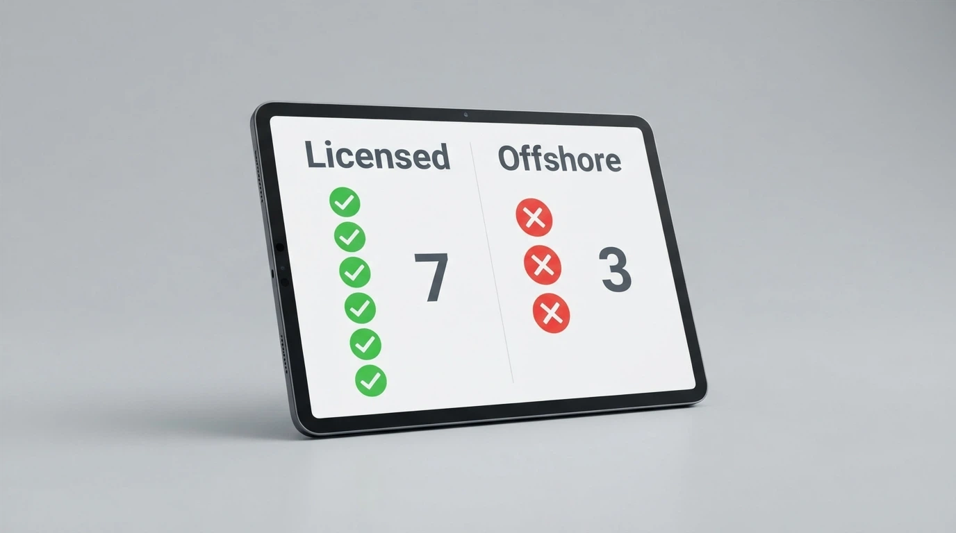 A tablet displaying a side-by-side comparison of Australian gambling operators with licence-status and product-type columns highlighted