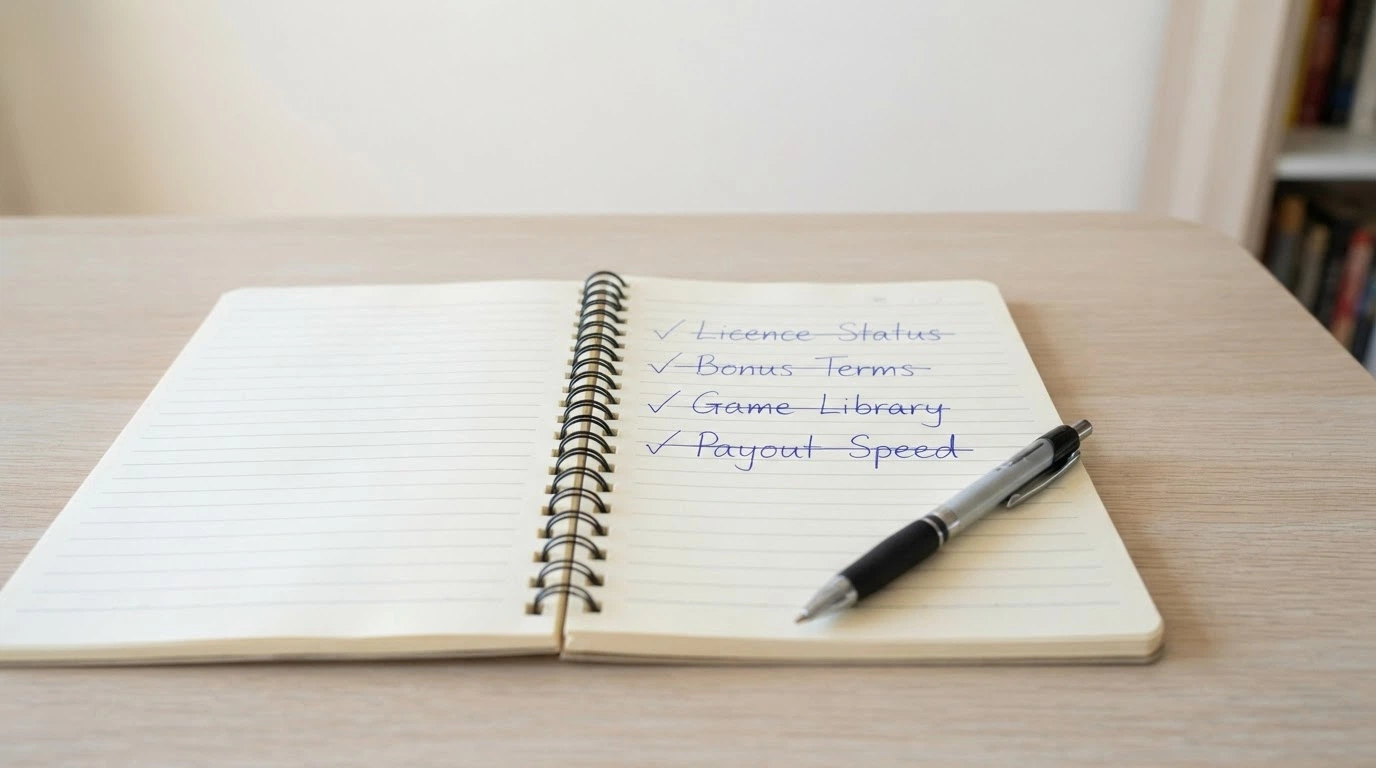 A desk with a notepad showing a handwritten checklist of review criteria — licence status, bonus terms, game library, payout speed — a pen resting on the pad against a neutral home-office background