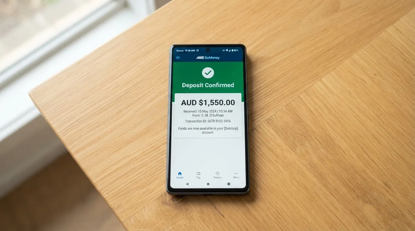 An Android phone screen showing a PayID or online banking deposit confirmation with a dollar amount