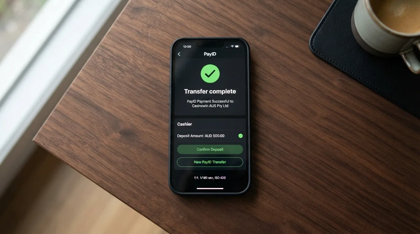 Smartphone screen showing a PayID deposit confirmation in a mobile banking app with the casino cashier visible in a split-screen layout
