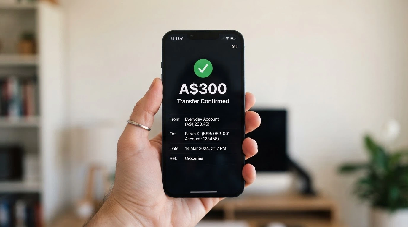 A smartphone screen showing a banking app with a PayID transfer confirmation for an AU$300 deposit, the screen reflecting a pair of hands holding the device