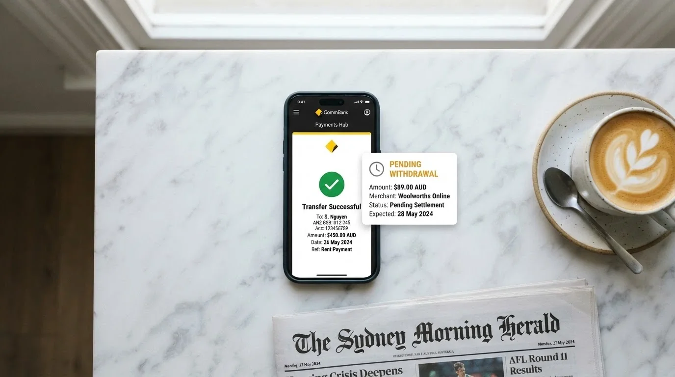 A smartphone banking app showing a PayID transfer confirmation screen beside a casino withdrawal pending notification