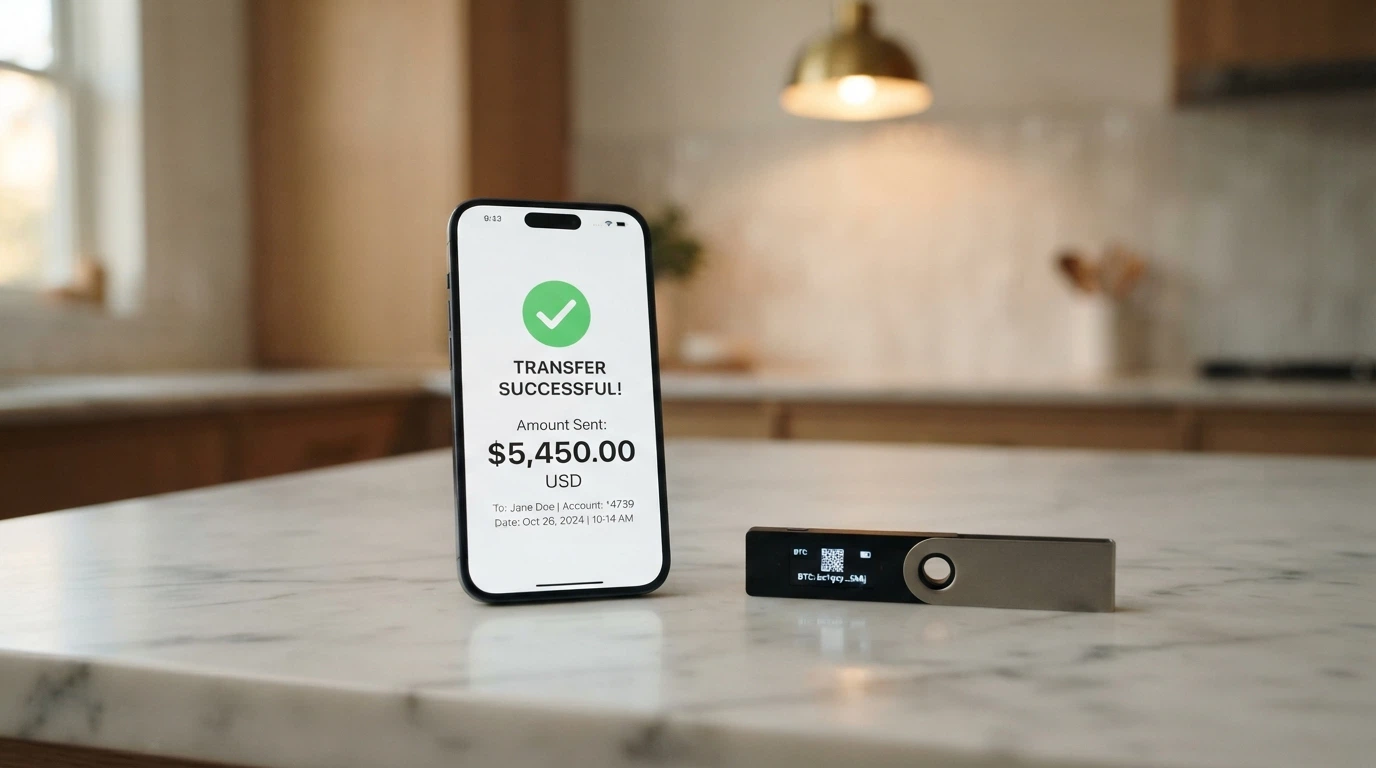 Smartphone showing a PayID bank transfer confirmation beside a cryptocurrency wallet QR code