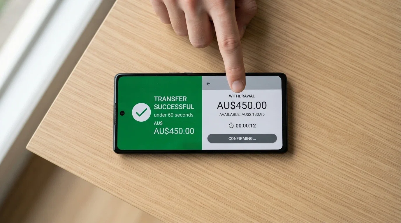 A smartphone screen split between a PayID transfer confirmation (green tick, timestamp under 60 seconds) and a crypto wallet withdrawal screen showing USDT TRC-20