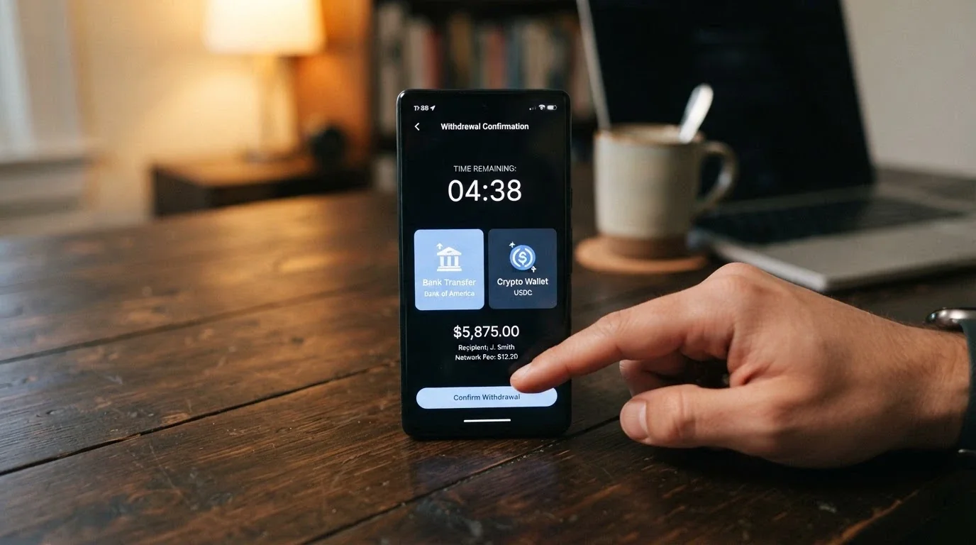 A smartphone screen showing a withdrawal interface with PayID and USDT TRC-20 options, with a confirmation timer overlay