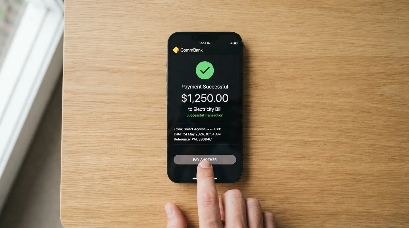 A phone showing a banking app screen with a PayID transfer confirmation for a casino withdrawal, the amount and timestamp visible