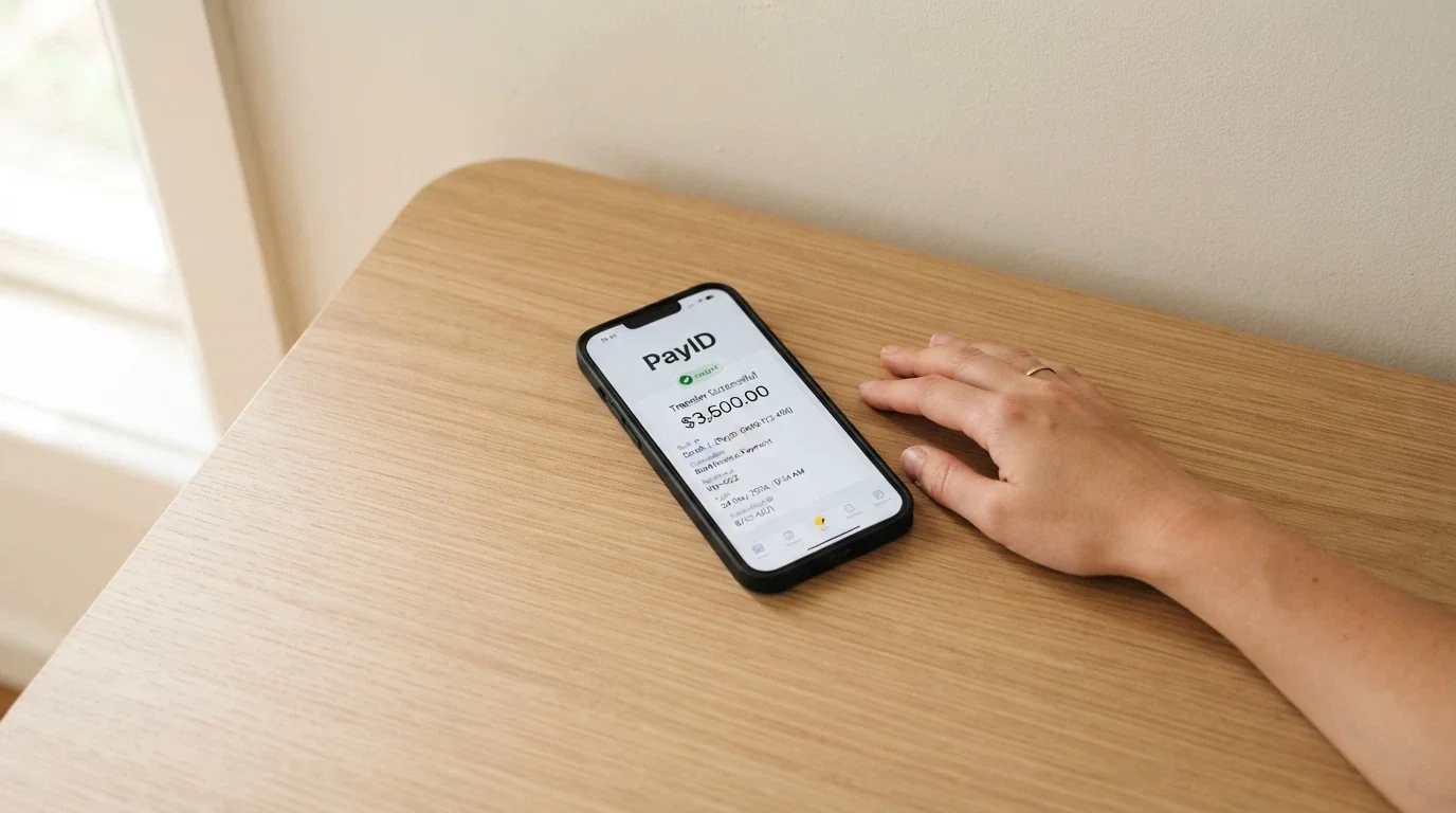 A smartphone screen showing a PayID payment confirmation with an “instant” timestamp and an Australian bank interface visible
