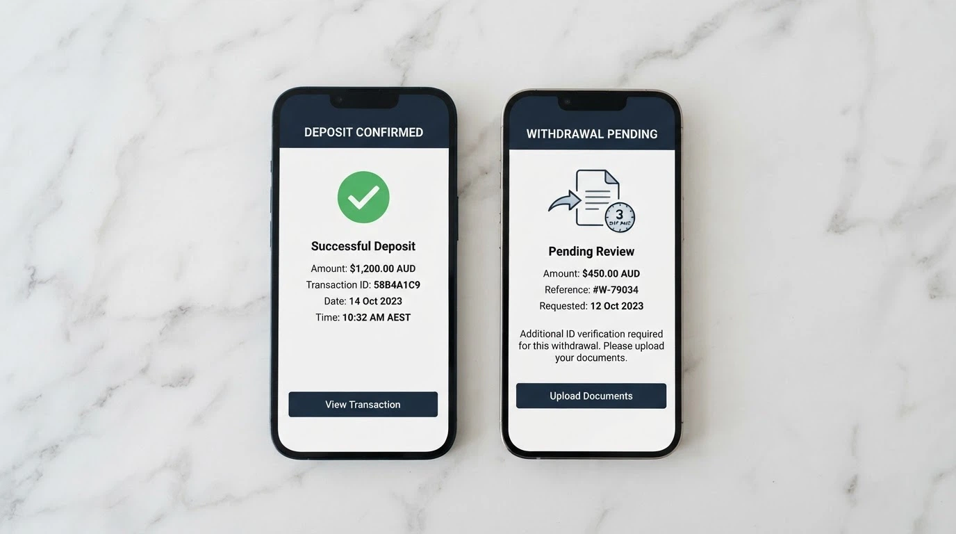 Two smartphones side by side: the left screen shows a PayID deposit confirmation with a green instant-checkmark and a timestamp, the right screen shows a withdrawal pending screen with a KYC document-upload prompt and a 3-day clock