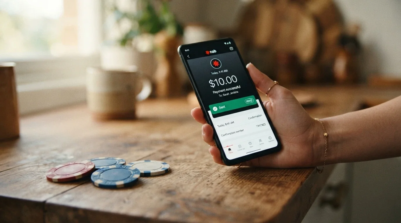 A phone banking app screen showing a PayID transfer of $10.00 with the OSKO instant-payment indicator, beside casino and poker-chip imagery