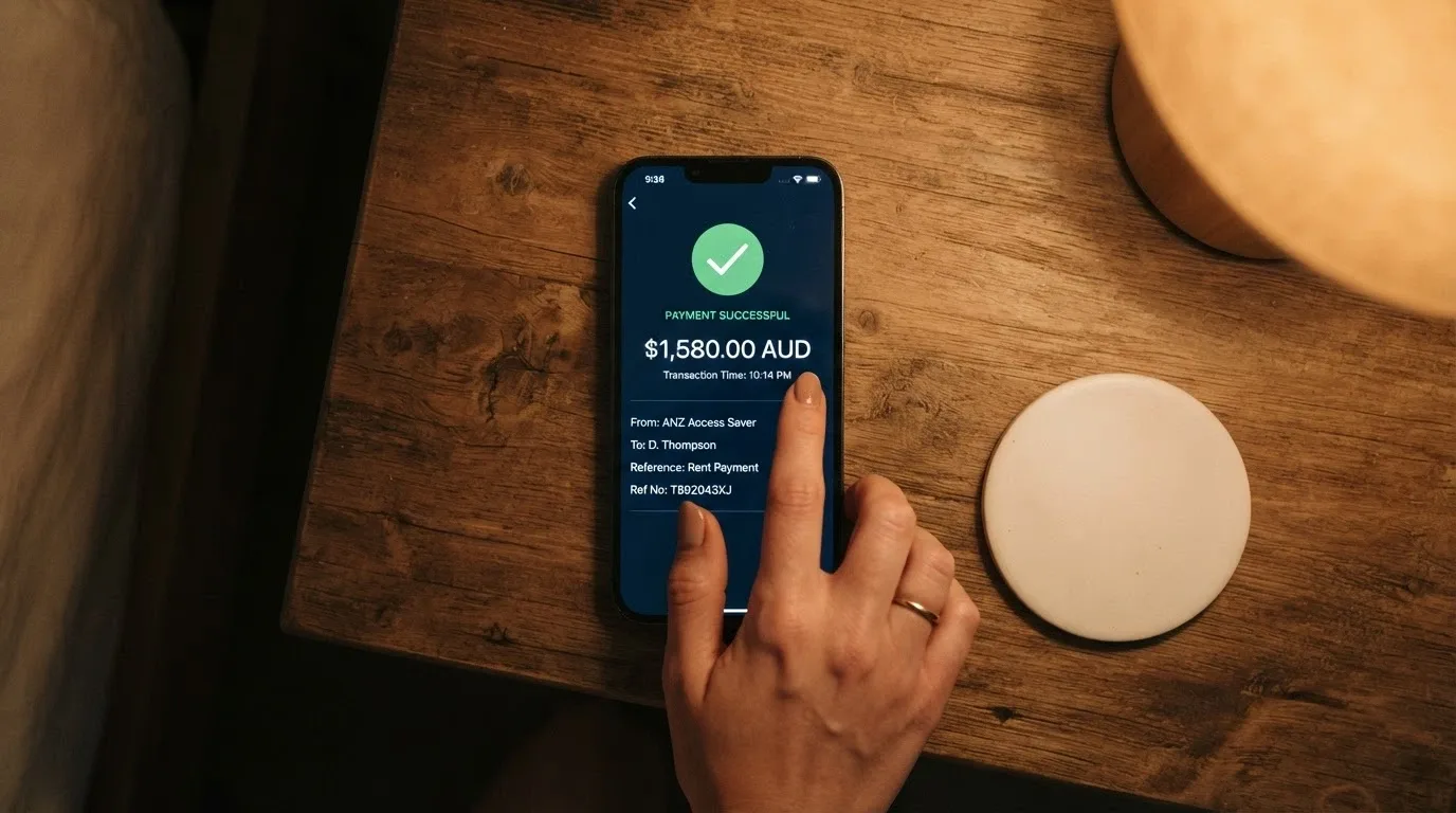 iPhone banking app showing a PayID transfer confirmation screen with the amount and time stamp