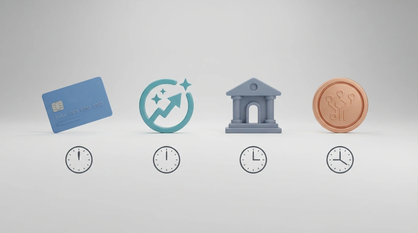 Australian payment method icons — PayID, Visa, bank transfer, crypto — with processing times labelled beneath each