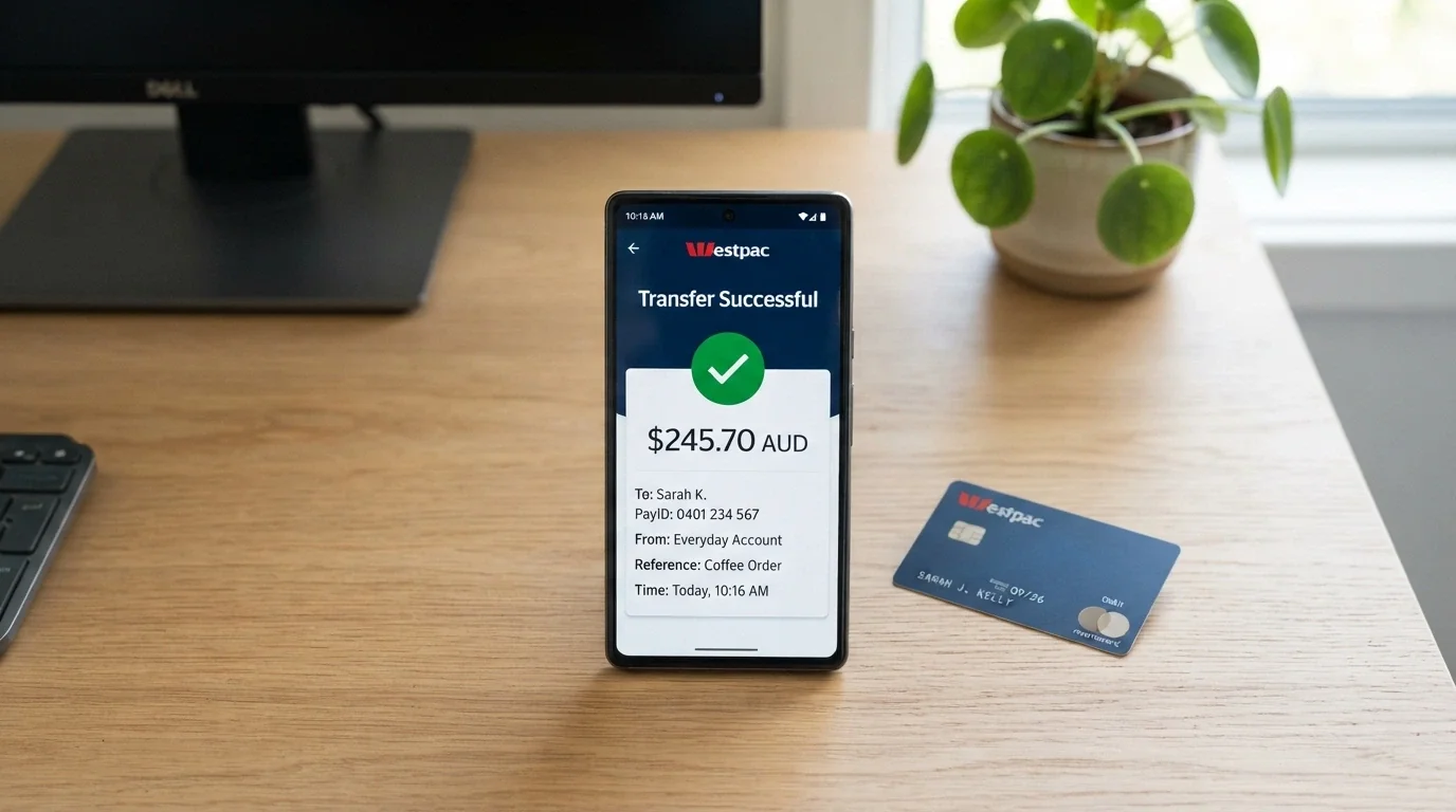 A smartphone screen showing a banking app with a PayID transfer confirmation, Australian dollar amount visible