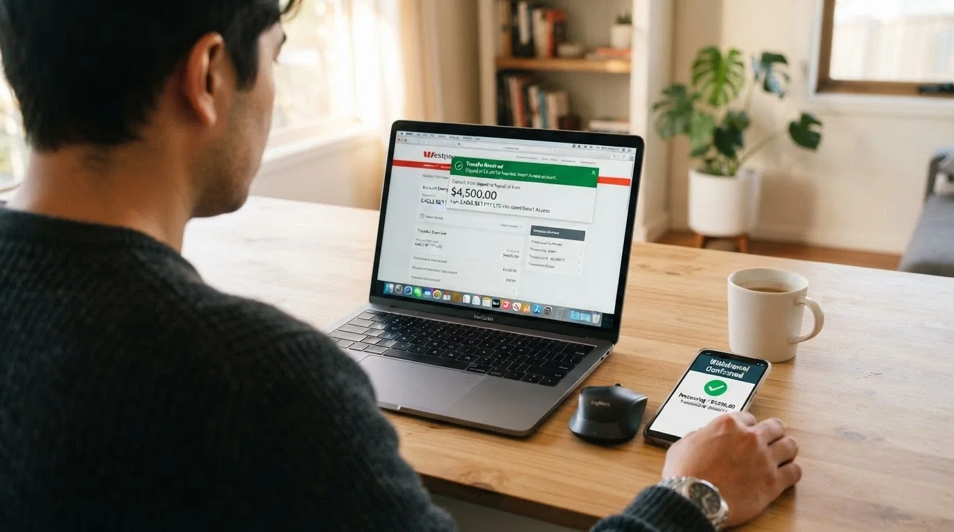 A laptop screen showing a bank app with a pending deposit notification reading “Processing — Osko transfer received — 1–3 business days”, with a casino withdrawal confirmation on the phone beside it