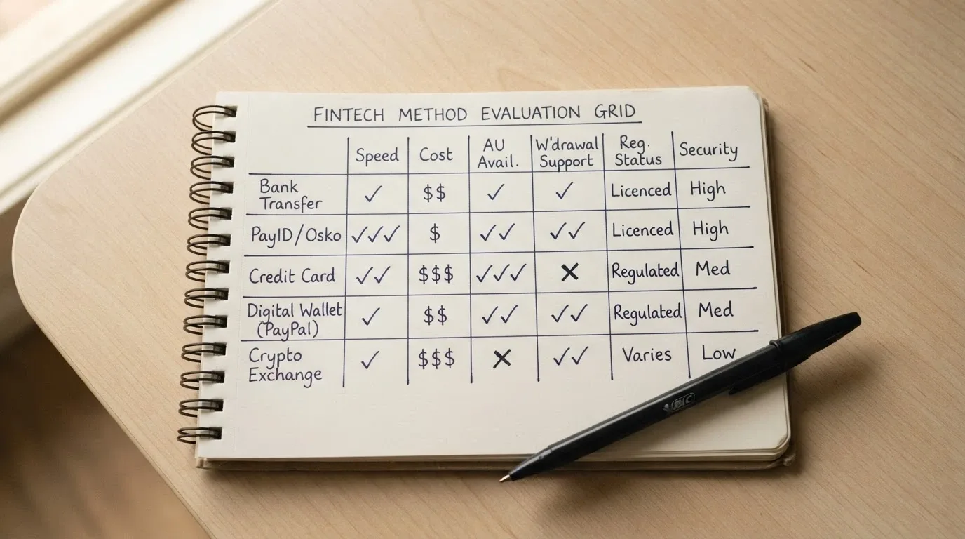 Notepad or screen showing a simplified evaluation grid with method names, speed ratings, fee markers and AU-availability ticks, pen resting beside it
