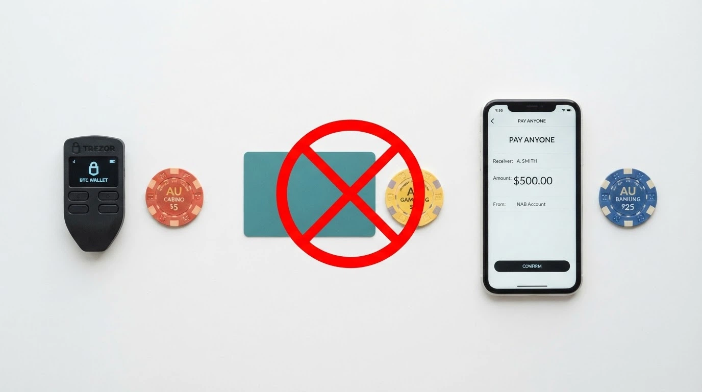 A row of payment-method symbols — a crypto wallet, a PayID logo, a debit card — each beside a $1 coin, with the card showing a red cross