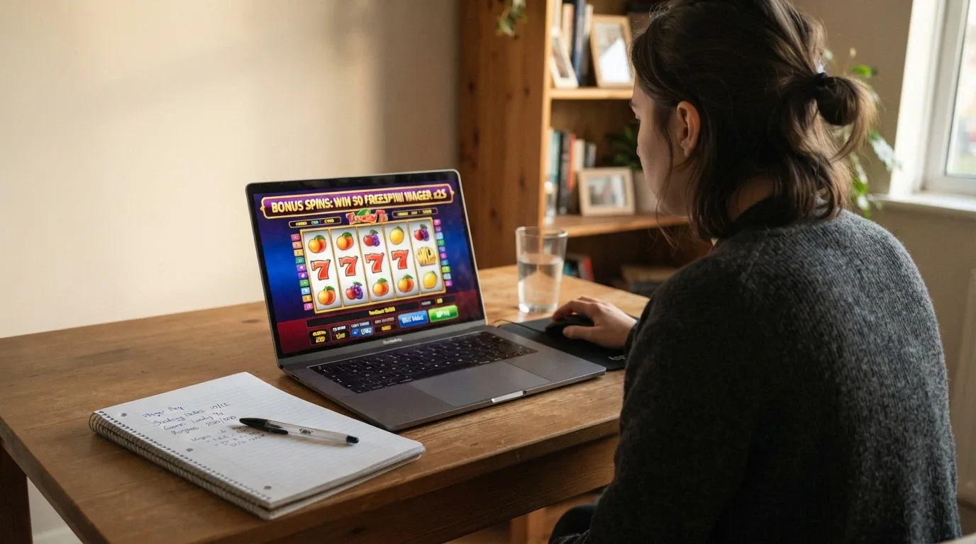 A person sitting at a desk with a laptop open to a casino site, one hand on the mouse, a notepad with handwritten bonus terms beside the keyboard, the expression thoughtful rather than impulsive