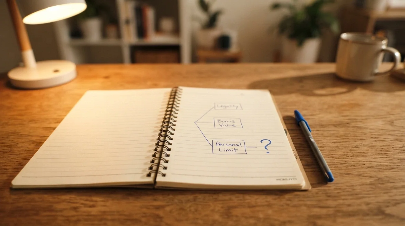 A notepad with a hand-drawn decision tree: three branches labelled legality, bonus value, and personal limit, with a question mark at the end