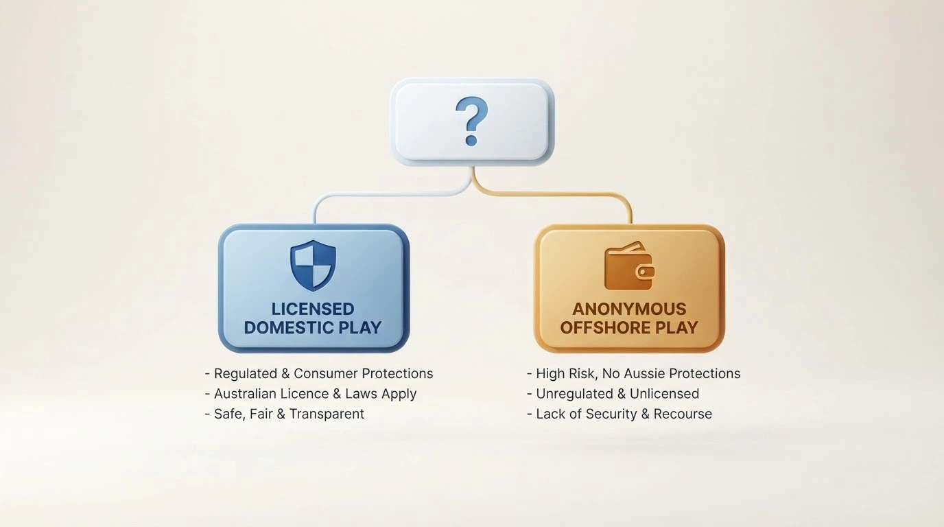 A simple decision tree showing the choice an Australian player faces between licensed domestic wagering and anonymous offshore casino play, with the trade-offs listed under each branch