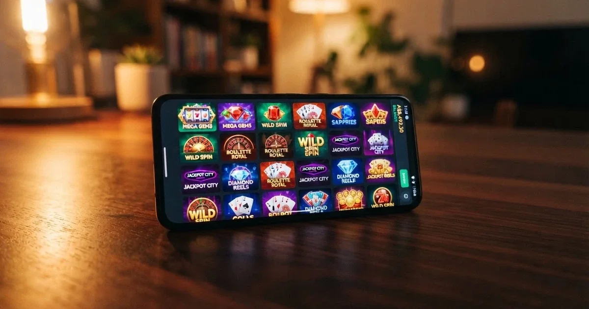 A smartphone screen displaying the Pocket Pokies Casino lobby with colourful pokies game tiles and an AU dollar balance visible