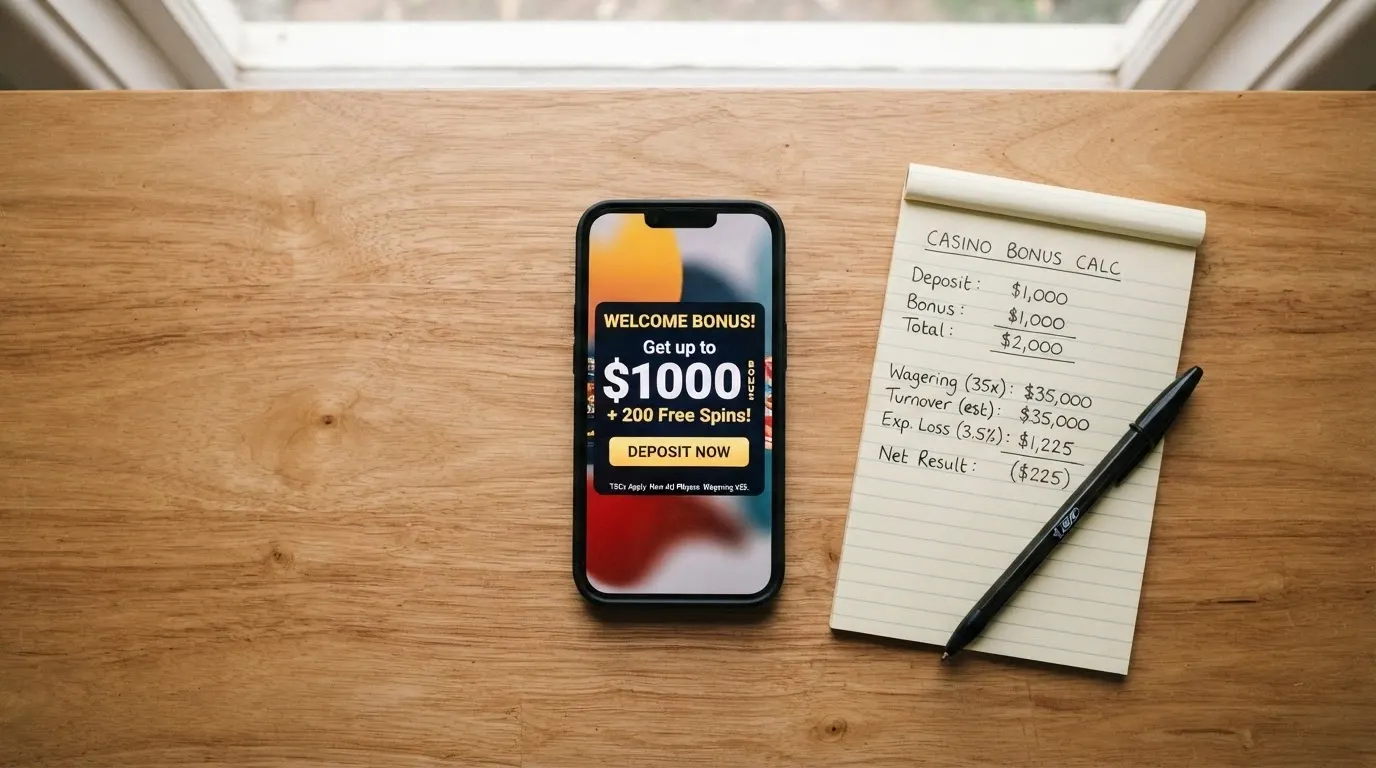 A welcome-bonus advertisement beside a calculator showing the turnover requirement in dollars, with the wagering multiplier highlighted