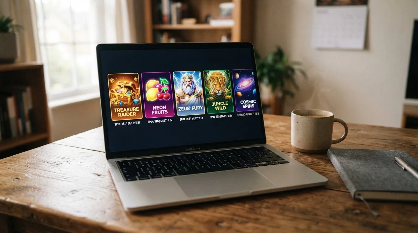 A row of five colourful online pokies title cards with free-spin counts and wagering terms displayed beneath each one