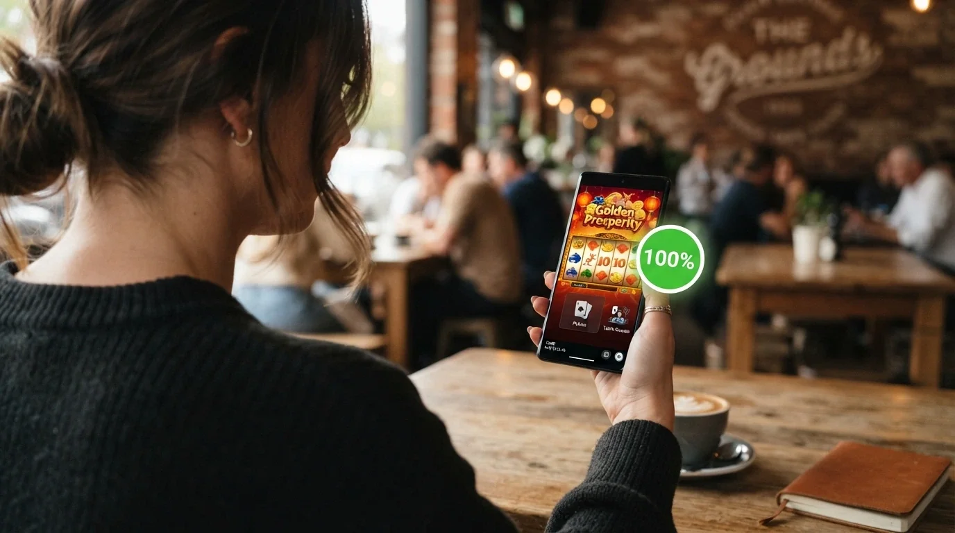 A smartphone screen showing a pokie game with a bright “100% contribution” badge beside a table game and a live dealer icon each marked with low contribution percentages