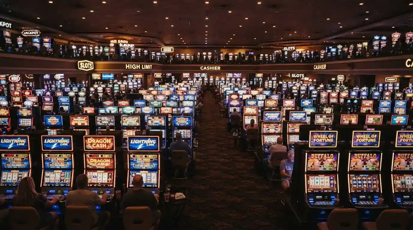 Rows of illuminated poker machines across a busy gaming floor at SkyCity Adelaide with digital displays showing active play