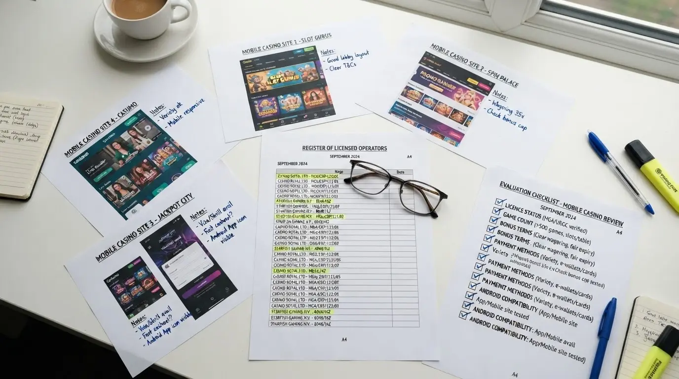 A desk-level arrangement of the sources used: ACMA licence register printout, operator website screenshots, and a checklist of evaluation criteria (licence, game count, bonus terms, payment methods, Android compatibility)