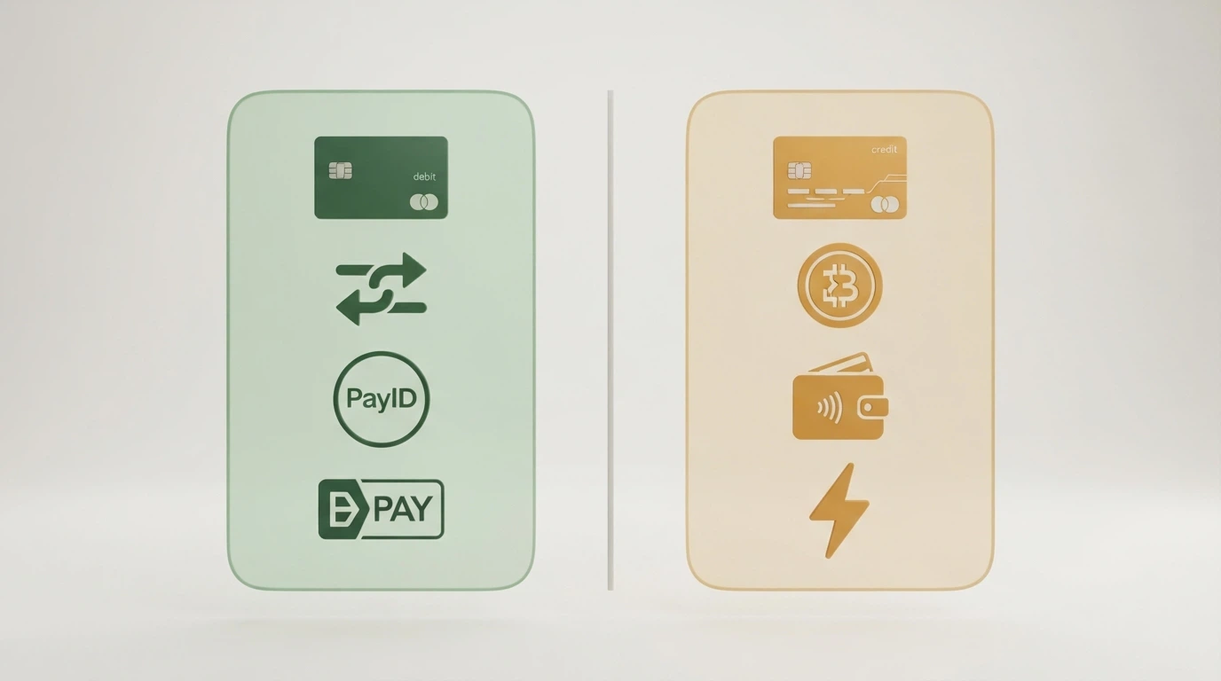A visual of payment method icons split into two columns — “Licensed AU” (debit card, PayID, BPAY) in green and “Offshore Only” (credit card, crypto, e-wallet) in amber