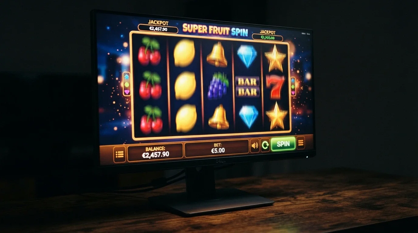 A row of colourful online pokies reels mid-spin, game interface visible with bet amount and balance display