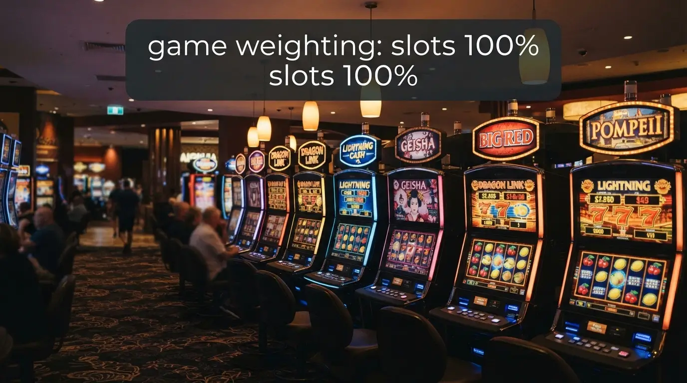 A row of colourful online pokie machines with spinning reels showing fruit and lucky seven symbols, with a transparent overlay graphic showing the words “game weighting: slots 100%.”
