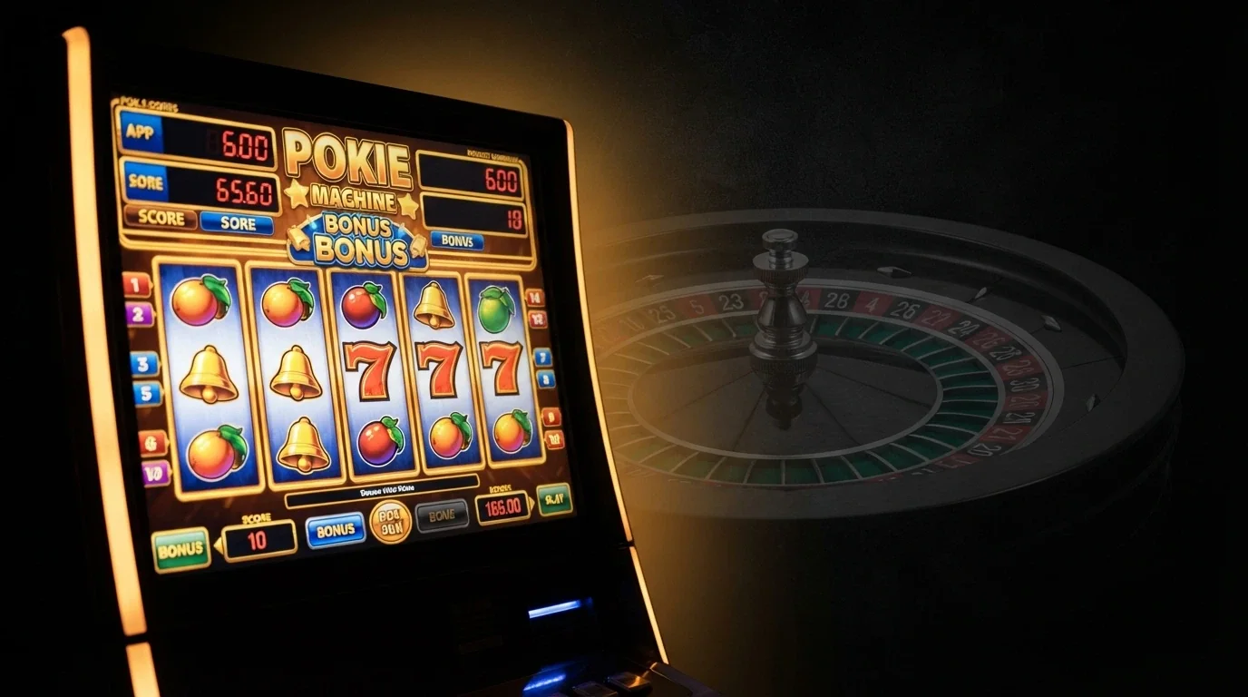 A split composition showing a pokie machine screen on one side at full brightness and a roulette wheel on the other at reduced opacity, illustrating the 100% vs 10-20% contribution gap