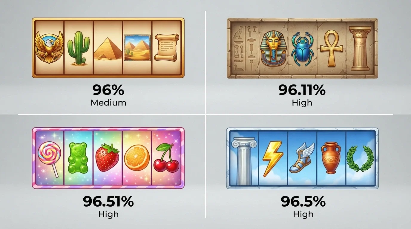 A split-screen grid showing four online pokies — Wolf Treasure, Aztec Magic Bonanza, Sweet Bonanza and Gates of Olympus — with their RTP percentages and volatility labels overlaid on each