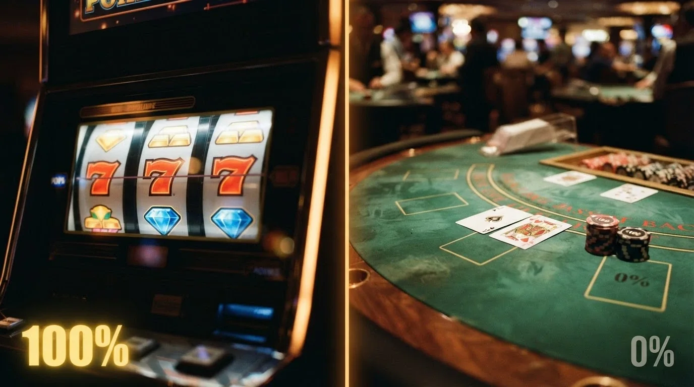 A split frame showing a pokies reel on one side and a live blackjack table on the other, with a contribution-rate percentage overlaying each