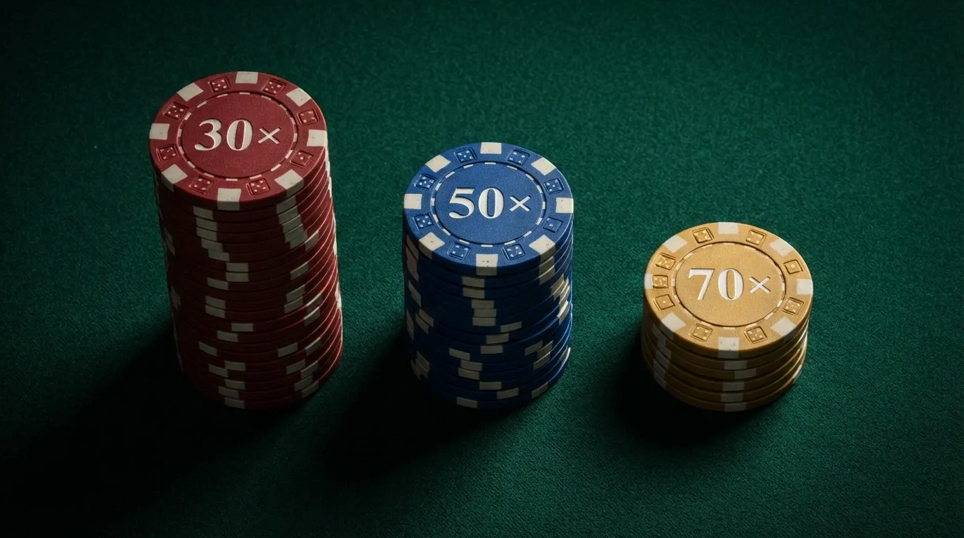 A visual comparison of three bonus offers shown as stacks of coins of diminishing height, with the wagering multiplier carved into each stack, against a dark casino-green backdrop