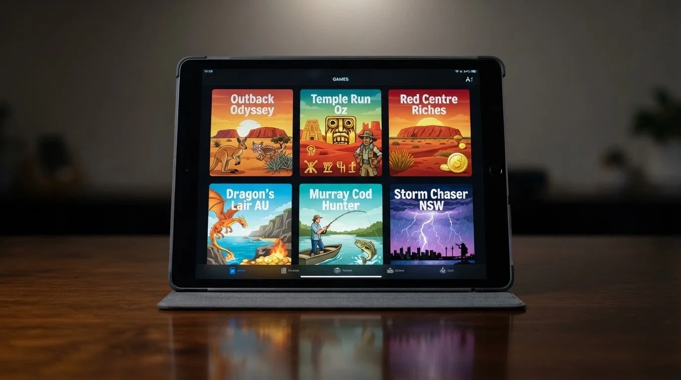 A grid of Aristocrat pokie title cards — Buffalo, Queen of the Nile, Lightning Link, Big Red and Where's the Gold arranged side by side