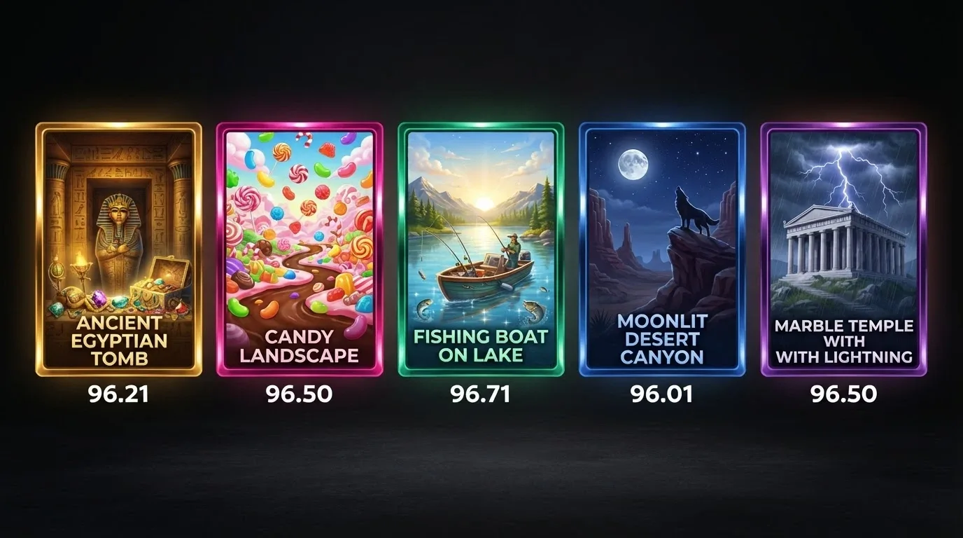 A grid of five slot-title artworks — Book of Dead, Sweet Bonanza, Big Bass Bonanza, Wolf Gold and Gates of Olympus — with RTP percentages overlaid