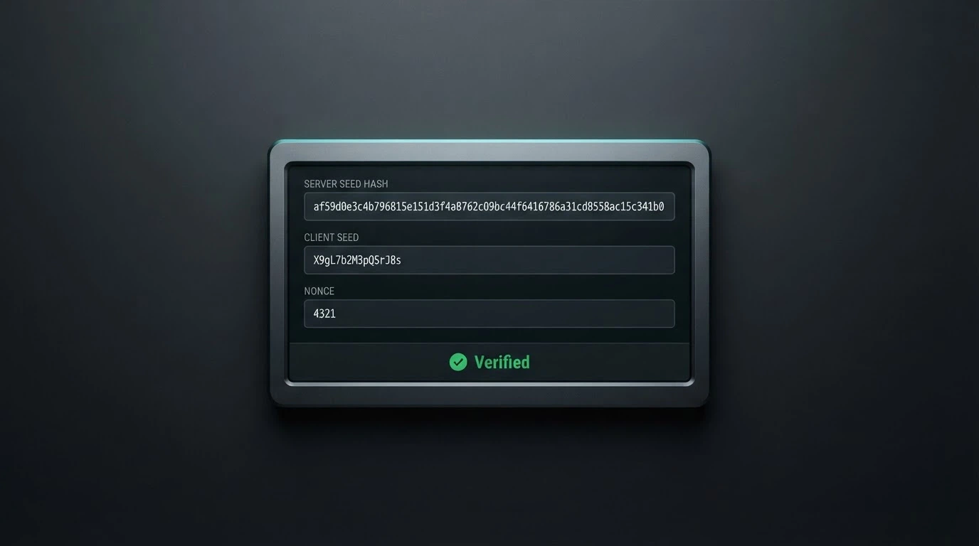 A clean visual of a provably fair verification screen showing the server seed hash, client seed, and nonce fields with a verification result