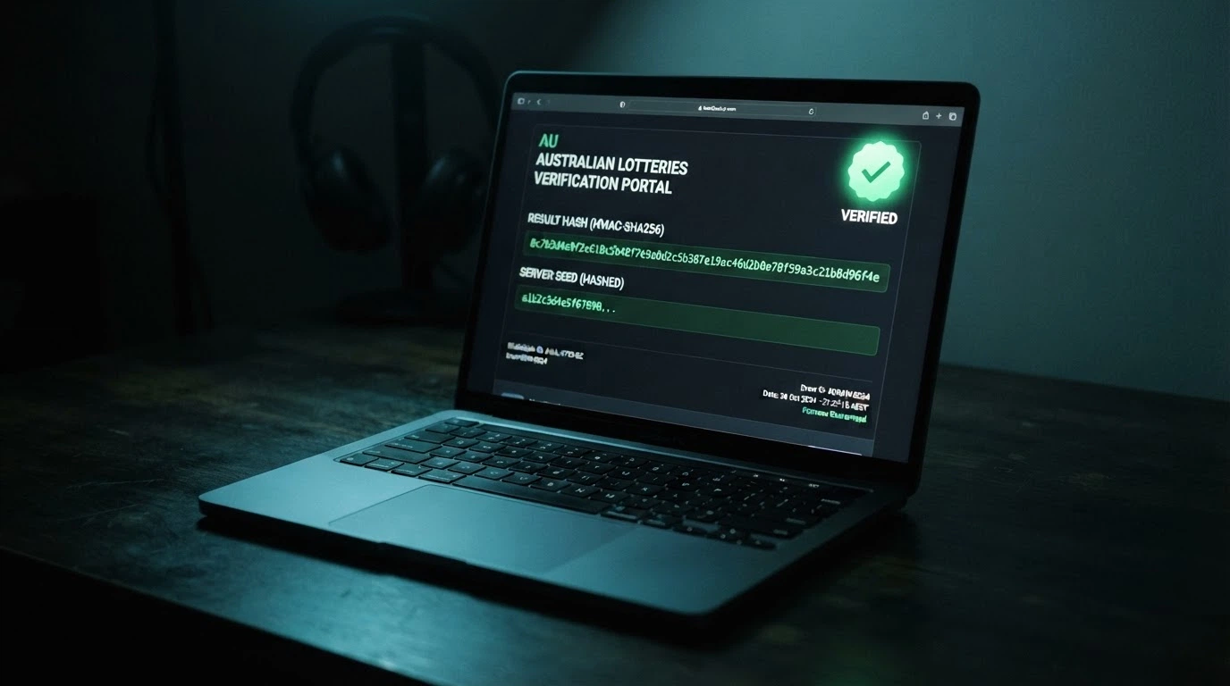 A casino screen showing a provably fair verification panel with a hash string, a server seed field and a green Verified badge