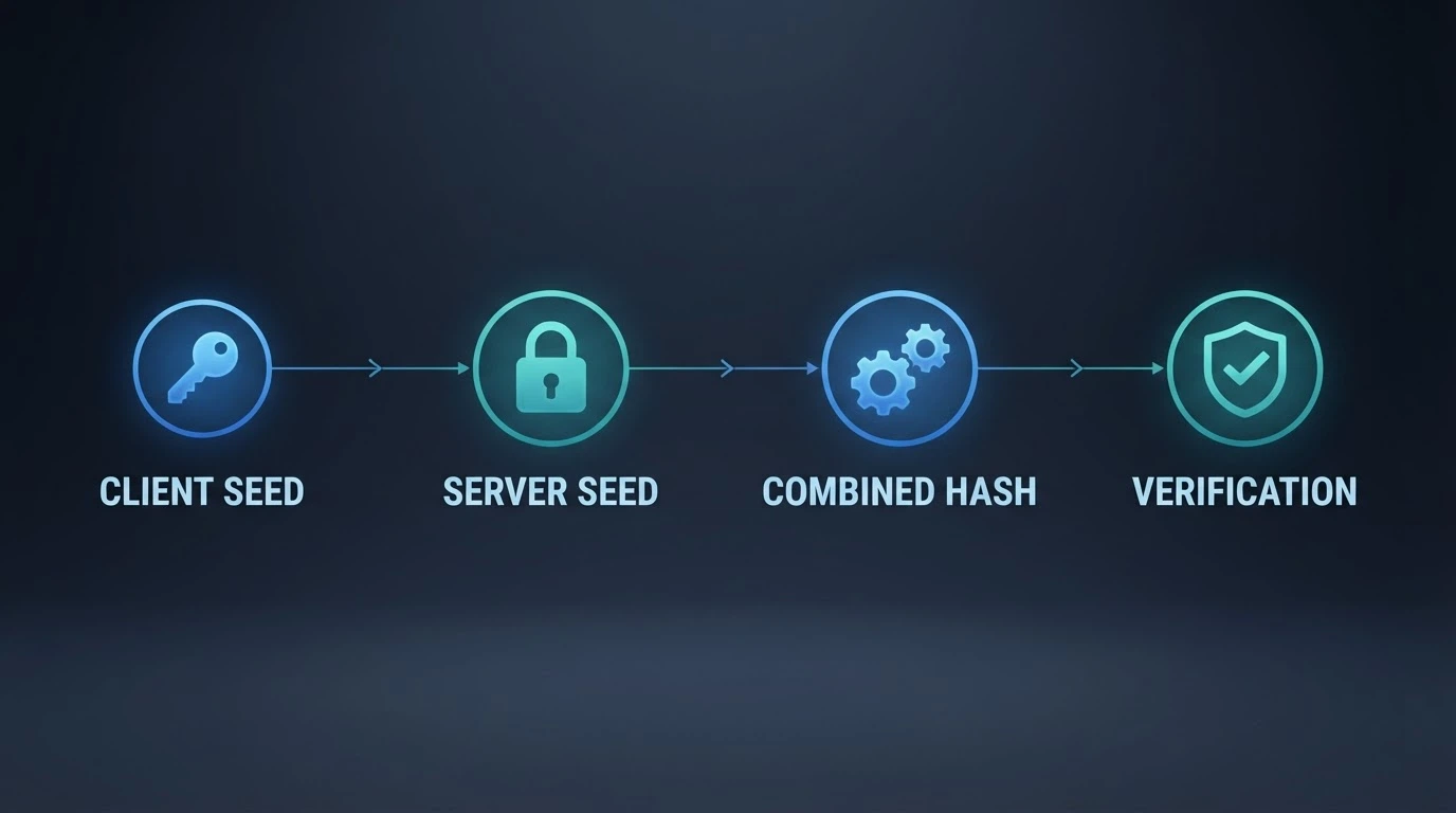 A simplified diagram showing the provably-fair verification flow: client seed, server seed, combined hash, and the player verification tool
