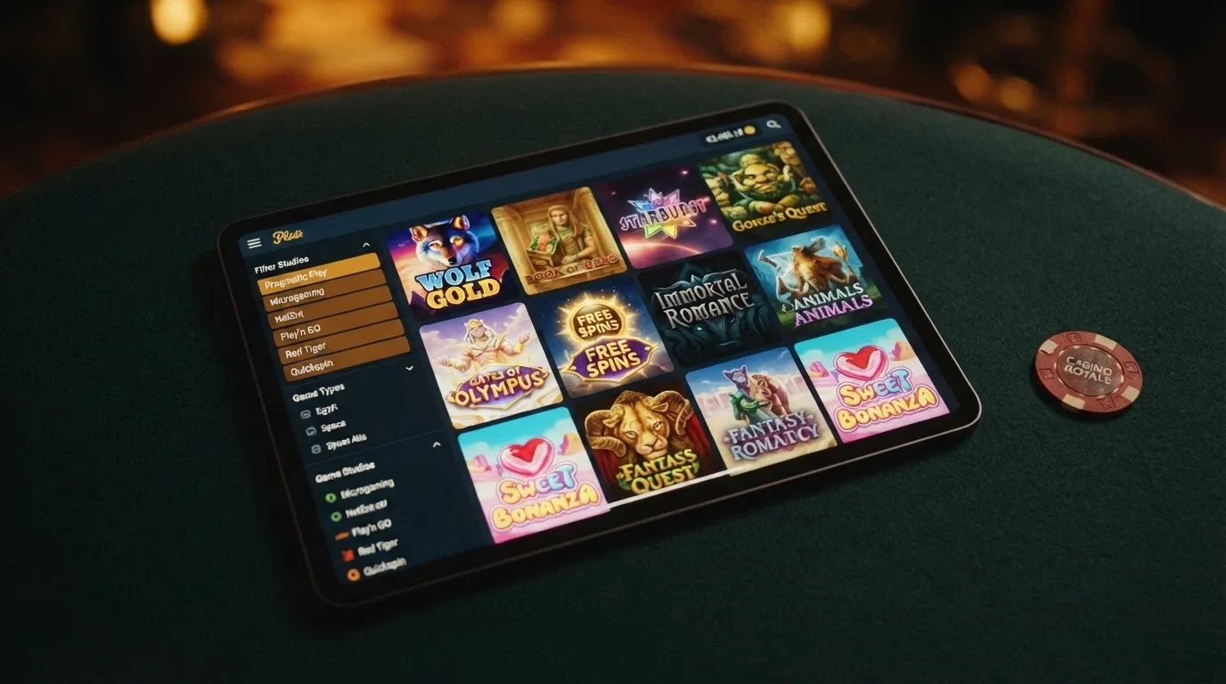 A casino game lobby filtered by provider, showing Pragmatic Play titles in a grid with a “Free Spins Eligible” badge on one title.