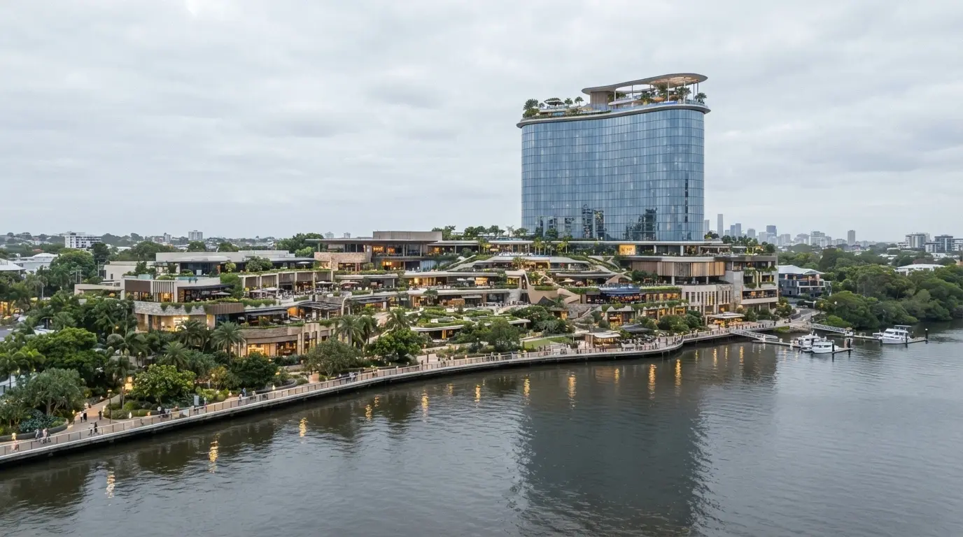 Wide shot of the Queen's Wharf integrated resort from across the Brisbane River showing the Sky Deck, hotel tower and riverside promenade