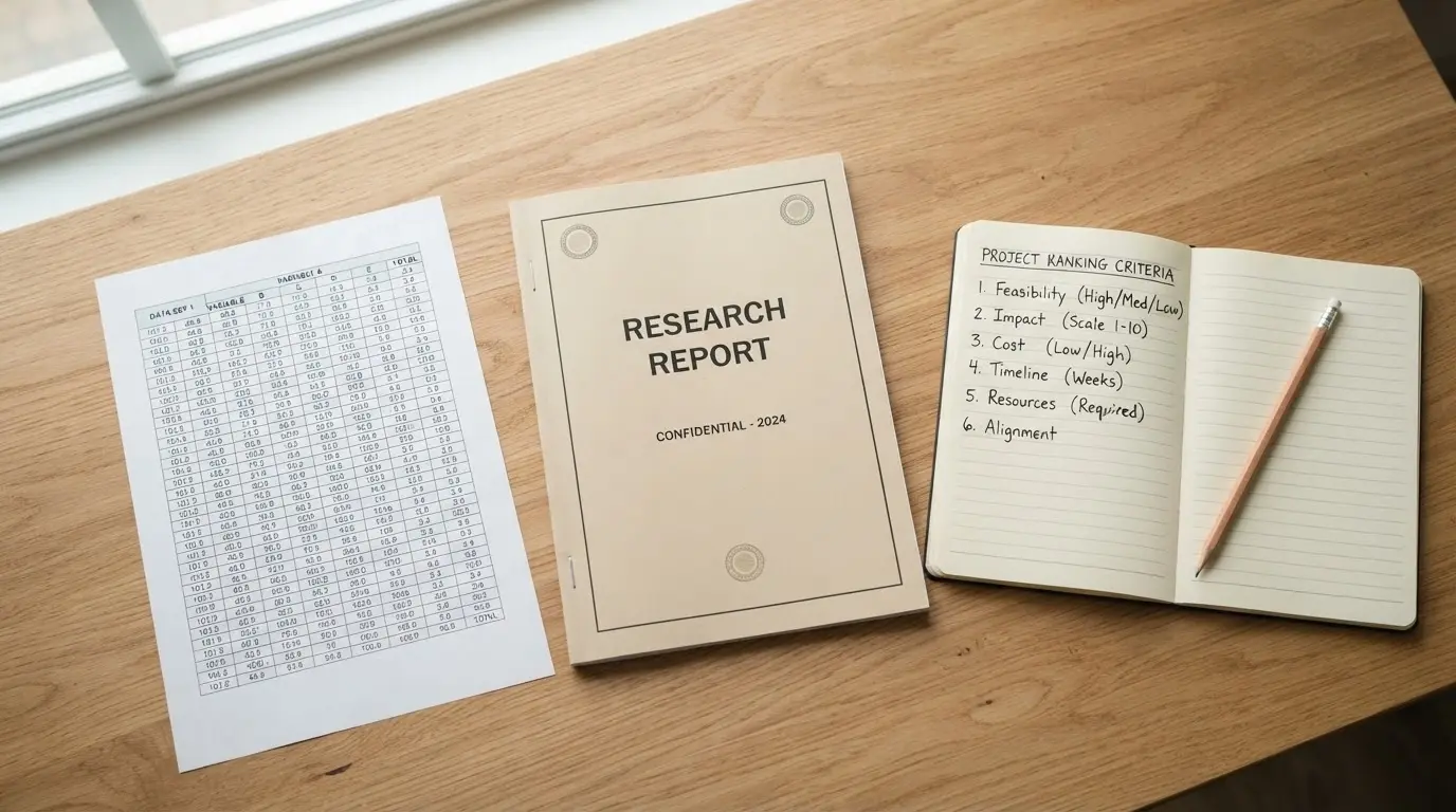 A clean desktop-flatlay showing research sources: Best Slots Journal data tables, ACMA reports, and a notepad with ranking criteria written out