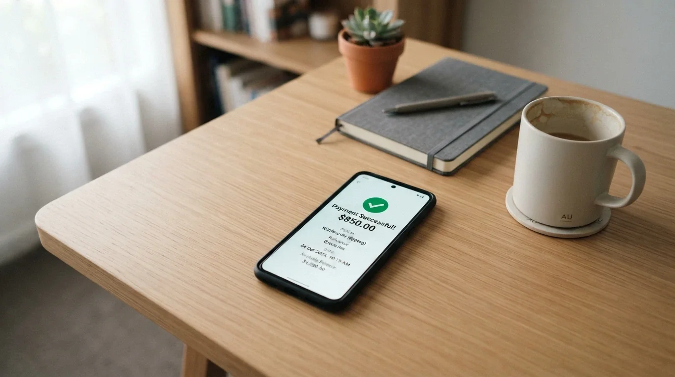 A smartphone showing a PayID payment confirmation screen with an Australian bank app interface visible