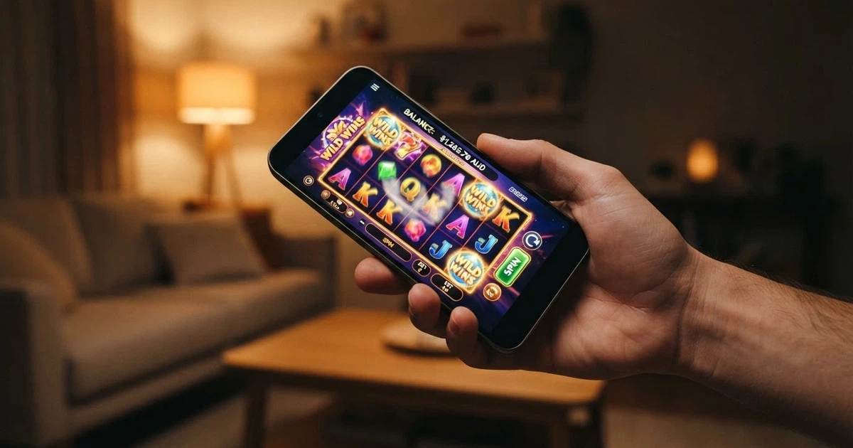 An Android phone screen showing a mobile pokies game interface with spinning reels and an AUD balance display, held in a hand against a neutral background