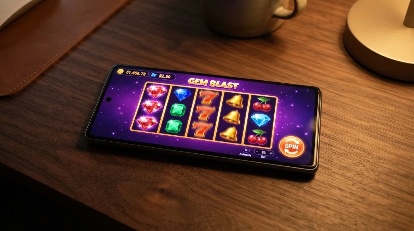 An Android phone in landscape orientation displaying a colourful pokies game with spin button and balance visible