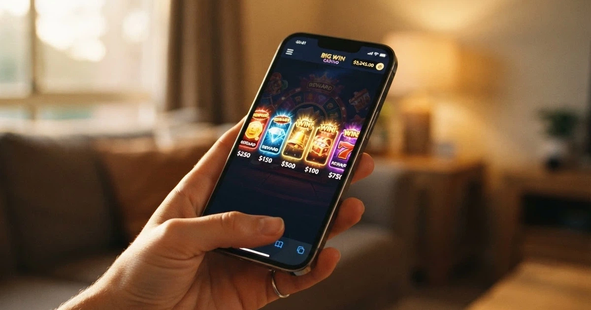 A smartphone screen showing a row of colourful pokies game icons with Australian dollar amounts visible, held in a hand against a blurred lounge-room background