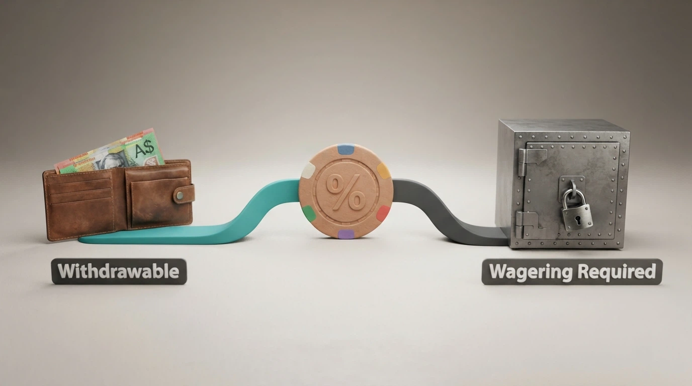 Two paths diverging from a cashback icon — one leading to a wallet labelled withdrawable, the other to a locked vault labelled wagering required