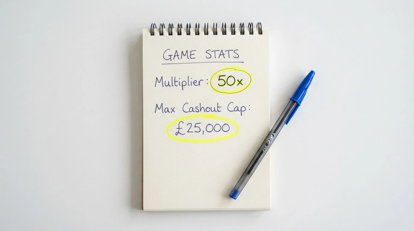 Two highlighted figures on a notepad — a wagering multiplier and a cashout cap — with a pen resting beside them, photographed from above on a clean desk
